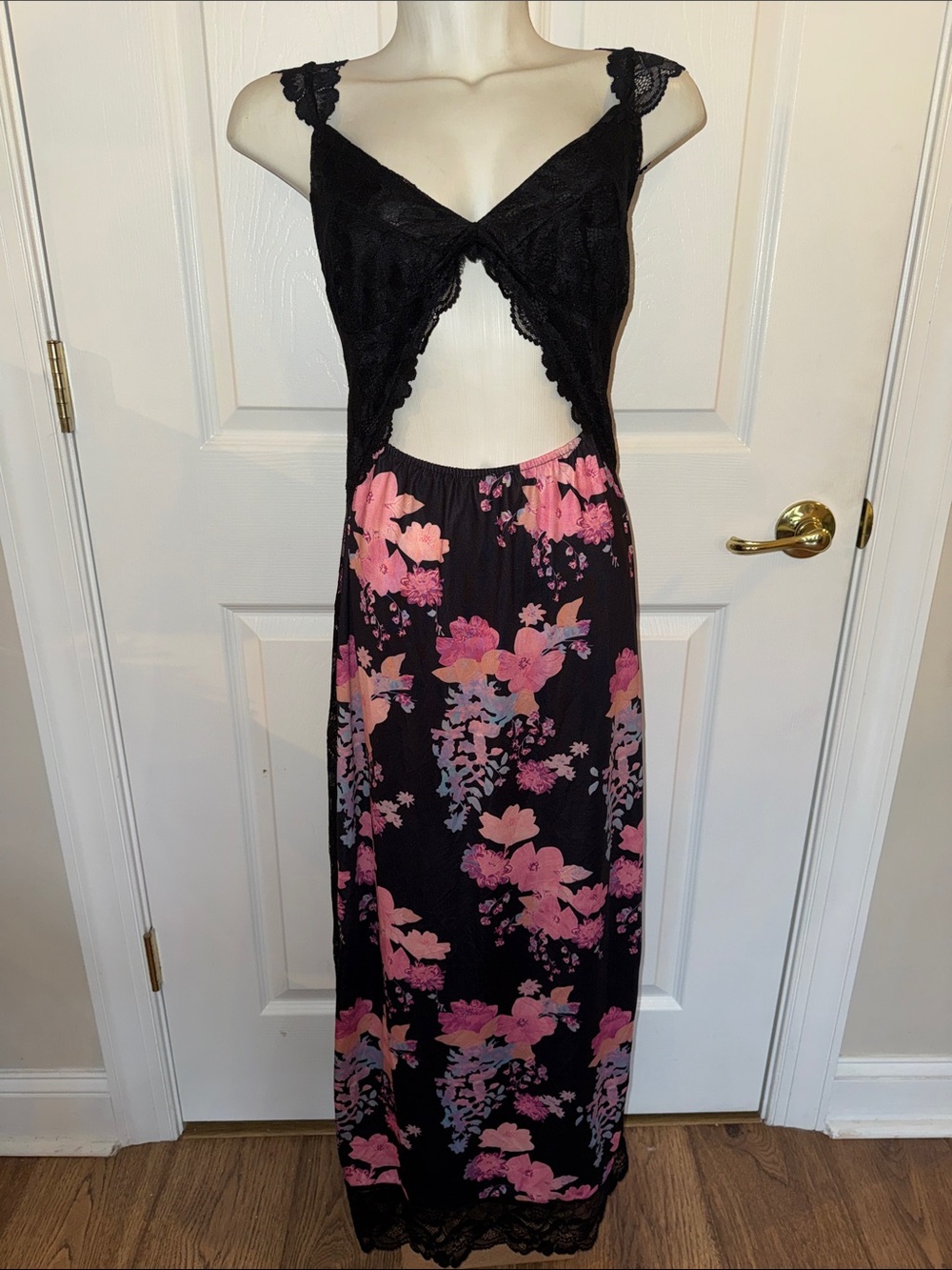 Black Lace Cutout Maxi Dress with Pink Floral Skirt